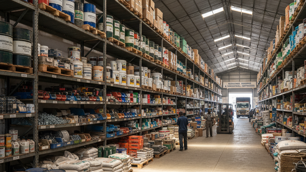 Warehouse shelves stocked with plumbing supplies in Kenya at Sparks Plumbing Experts