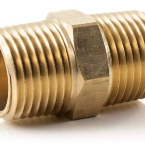 Brass hex nipple with male threaded ends for plumbing, water supply, gas, HVAC, fire protection, irrigation, and industrial piping applications in Kenya, Uganda, and Tanzania supplied by System Star Industrial.